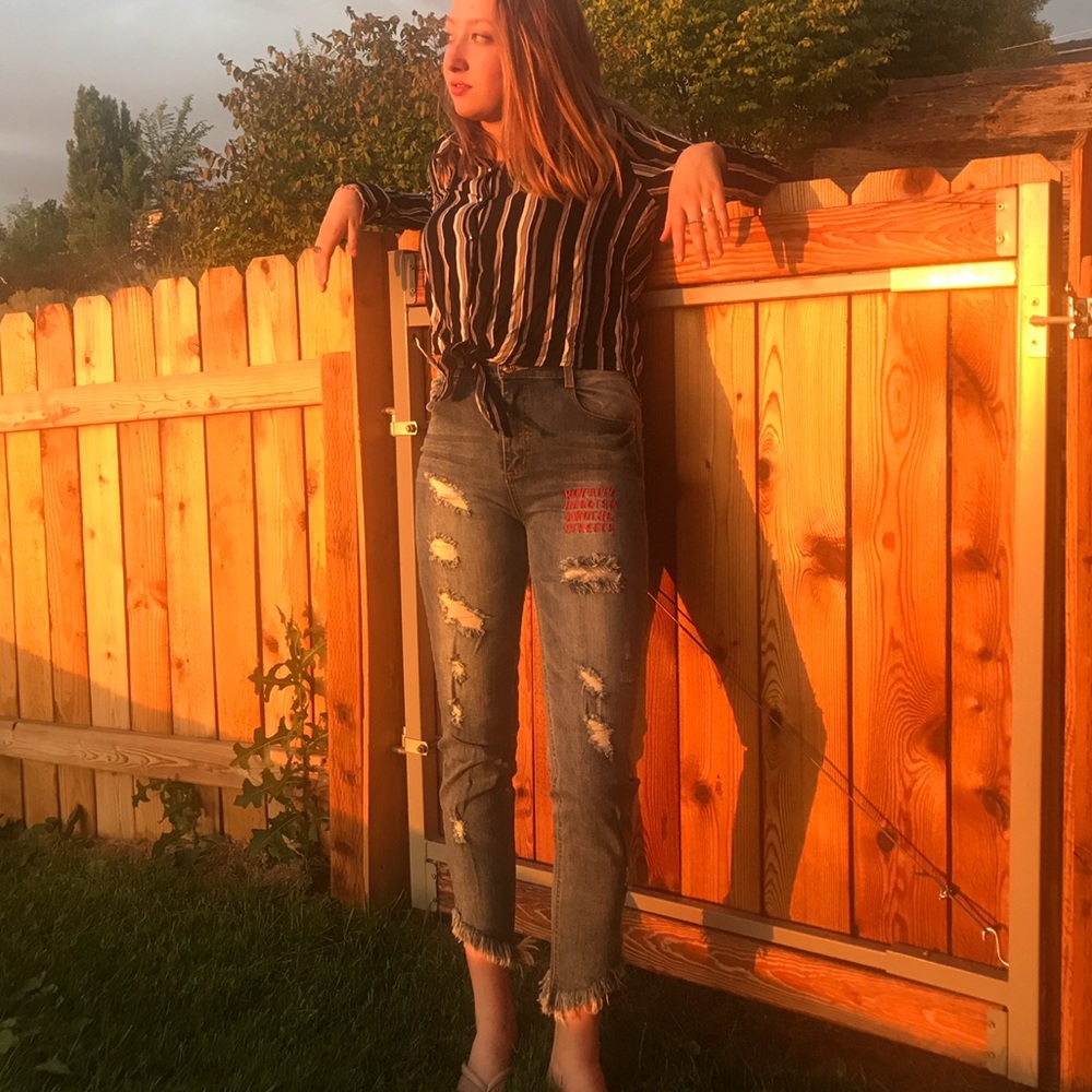 Jella C Distressed Frayed Hem Jeans Punk Ankle